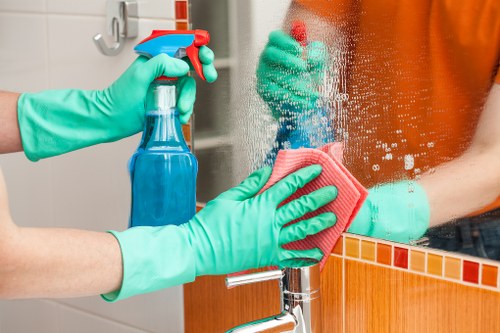 Eco-friendly window cleaning tools and supplies on a maintenance cart