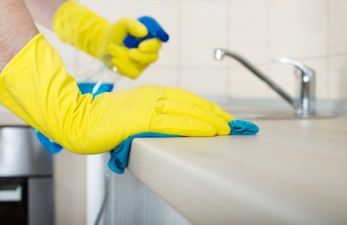 Professional office cleaning in a bright corporate environment