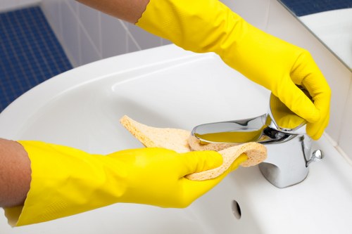 Cleaning supplies organized for a weekly cleaning schedule